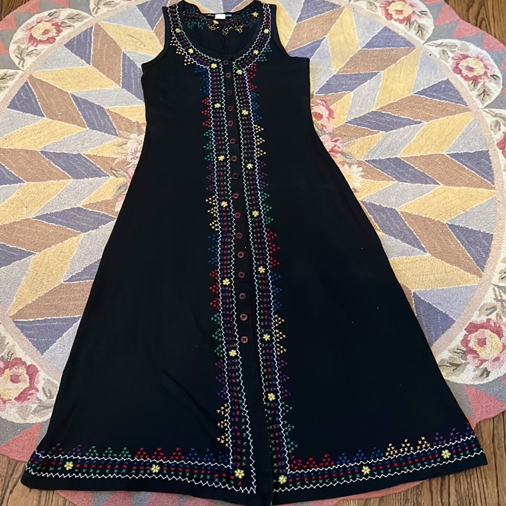 VINTAGE BETSEY JOHNSON EMBROIDERED COTTON MAXI DRESS XS S M GOTH VAMP Y2K
